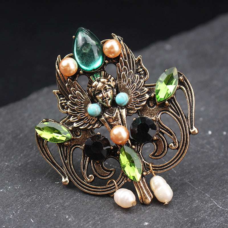 Vintage Style Oil Drop Jewelry Set with Pearl and Angel Wing Brooch