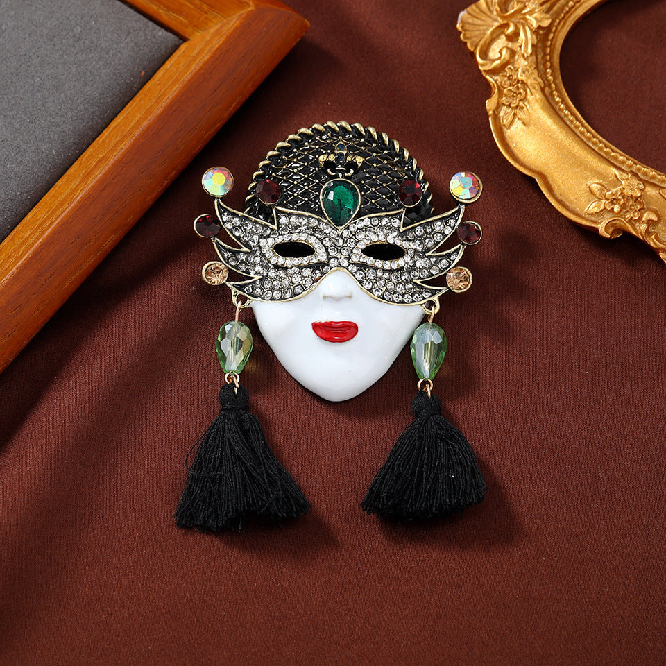 Enamel Mask Brooch with Tassels Vintage-Inspired Crystal Accents for Parties