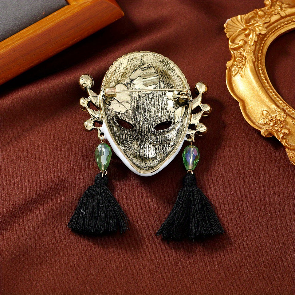 Enamel Mask Brooch with Tassels Vintage-Inspired Crystal Accents for Parties