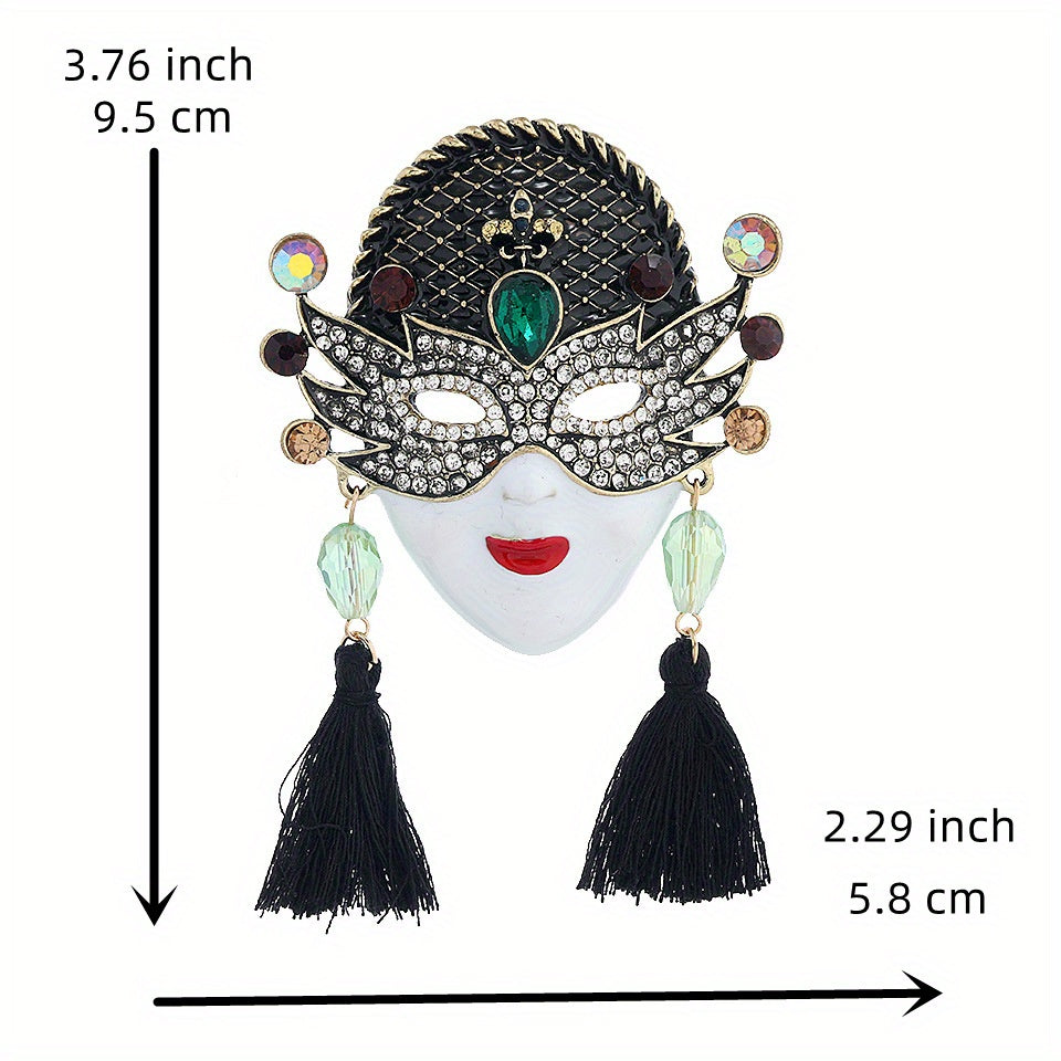 Enamel Mask Brooch with Tassels Vintage-Inspired Crystal Accents for Parties