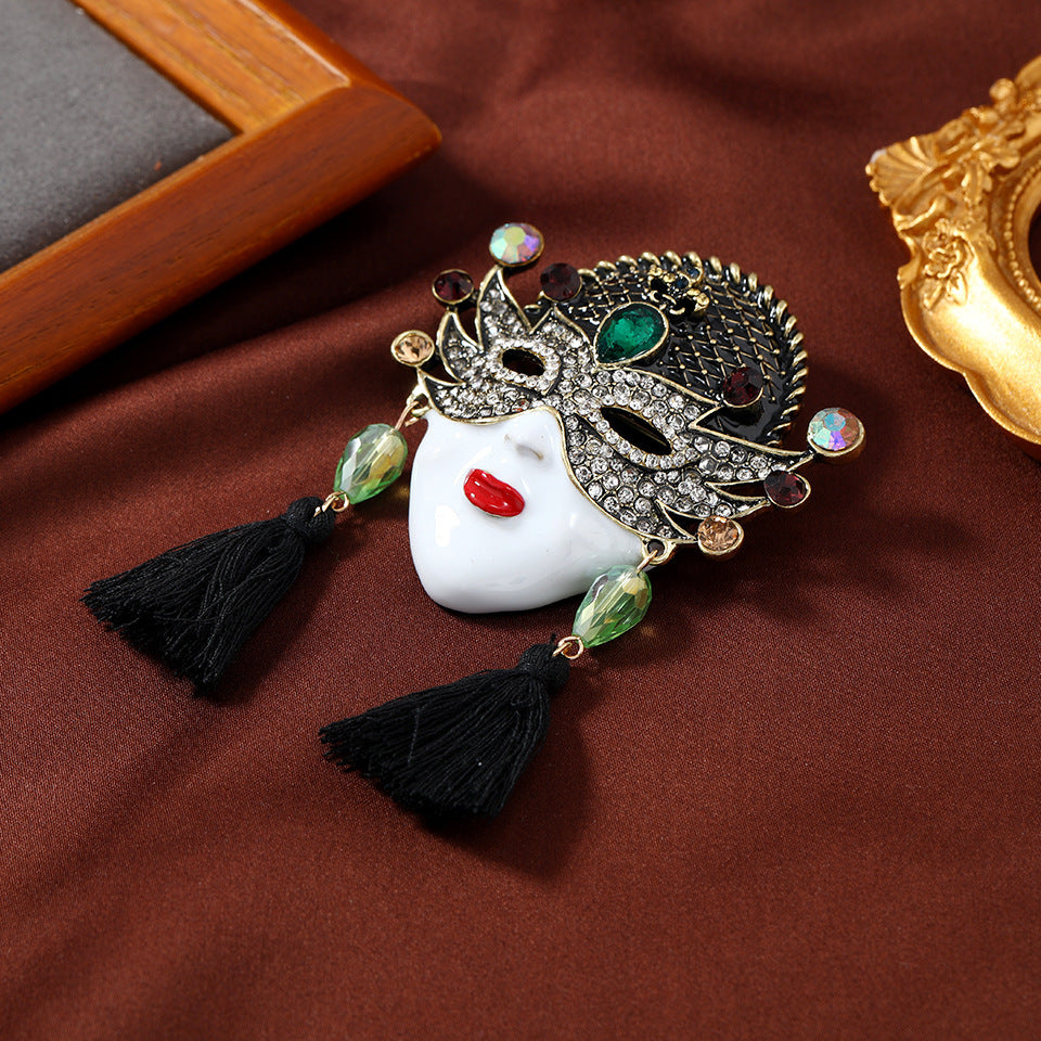 Enamel Mask Brooch with Tassels Vintage-Inspired Crystal Accents for Parties