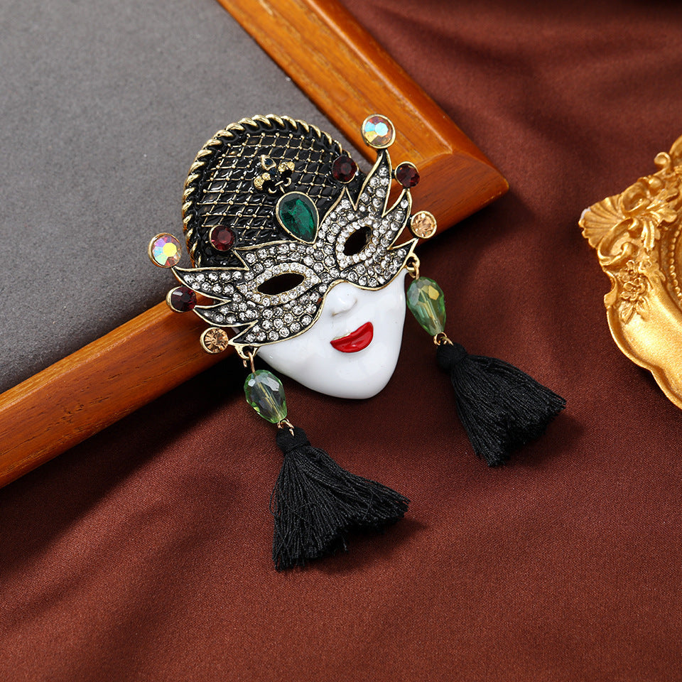 Enamel Mask Brooch with Tassels Vintage-Inspired Crystal Accents for Parties