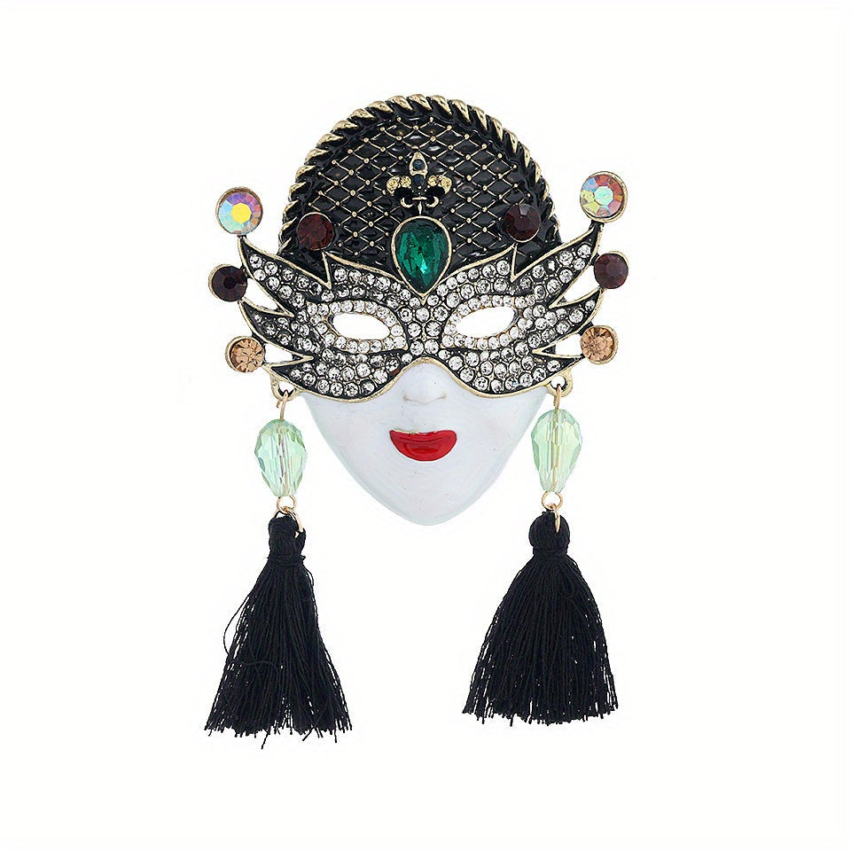 Enamel Mask Brooch with Tassels Vintage-Inspired Crystal Accents for Parties