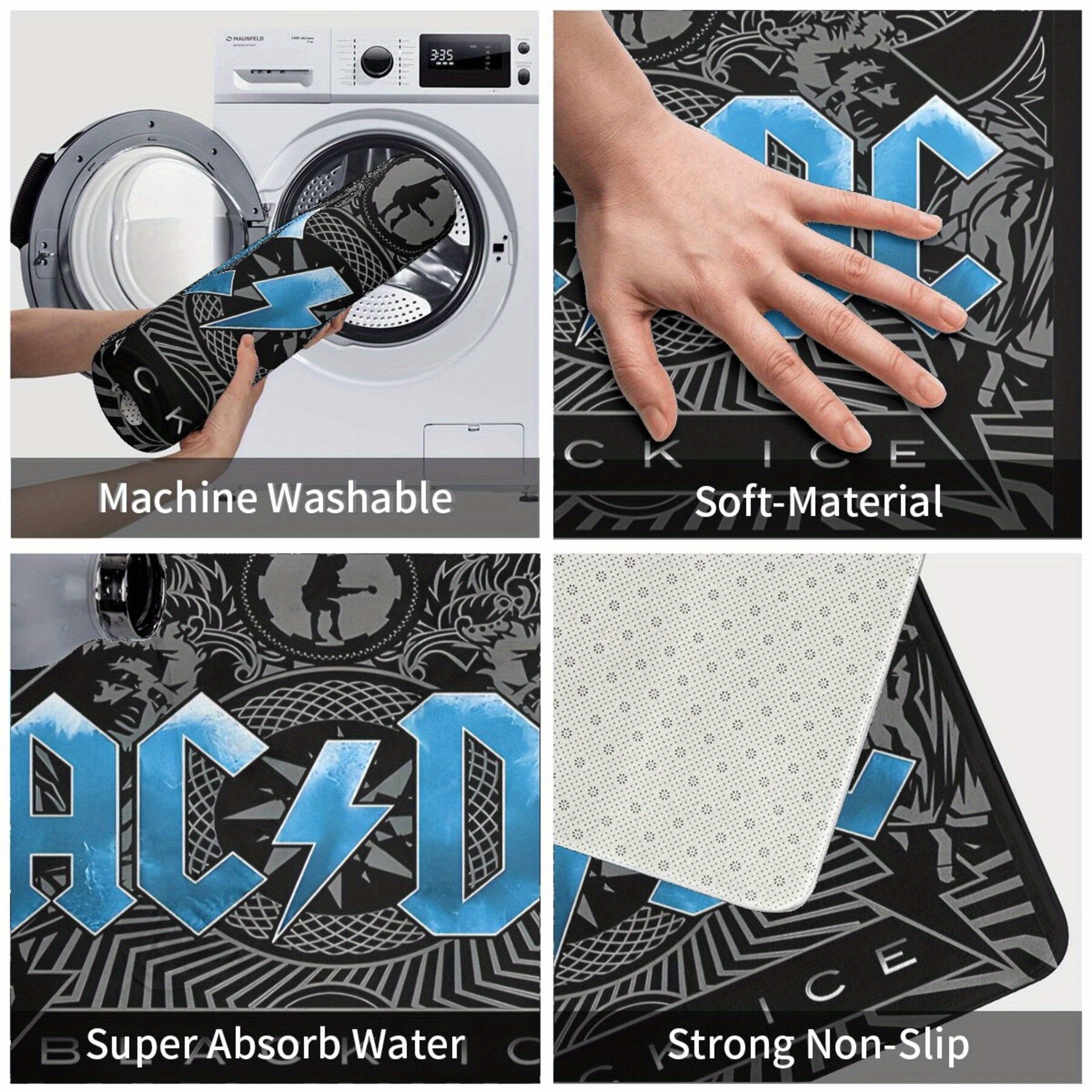 Non-Slip Bath Mat Polyester Machine Washable Home Decor Black Ice Inspired