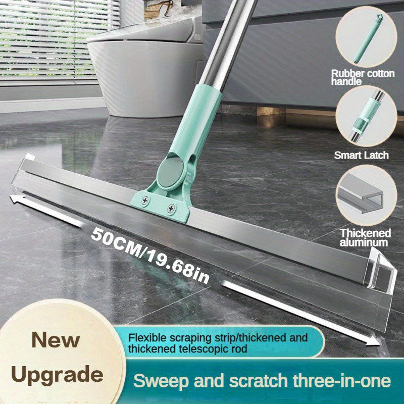 Triple-Action Silicone Broom with Flexible Strip and Metal Handle for Multi-Surface Cleaning