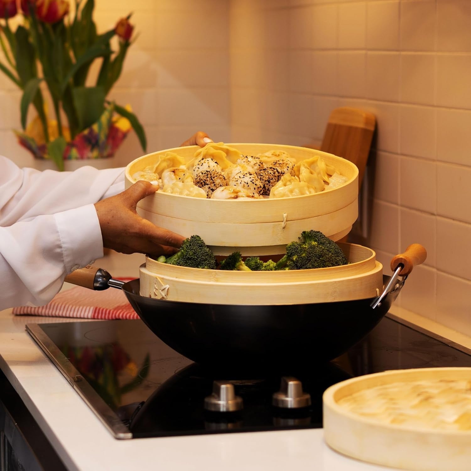 12-Inch Bamboo Steamer Basket Set Two Tiers for Nutritious Cooking
