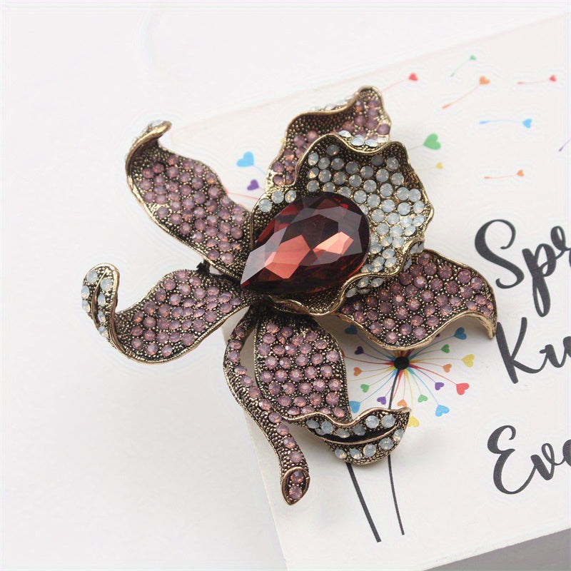 Vintage Rhinestone Flower Brooch Pin for Women Alloy Large Floral Lapel Accessory