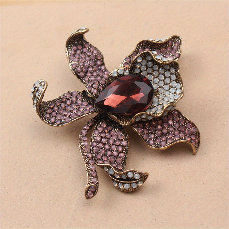 Vintage Rhinestone Flower Brooch Pin for Women Alloy Large Floral Lapel Accessory