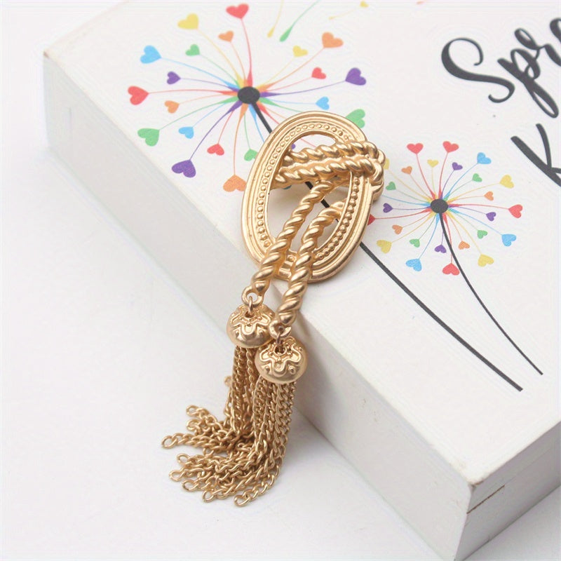 Vintage Alloy Brooch Pin with Fringe Design and Matte Gold Tassel for Women