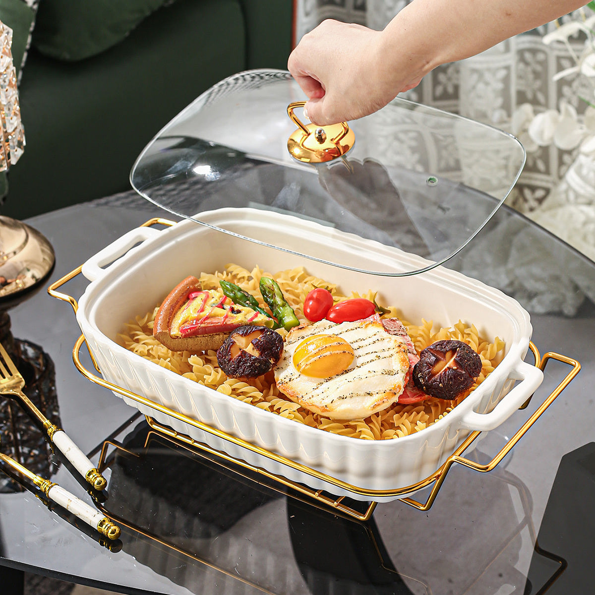 Ceramic Casserole Dish with Lid and Iron Rack for Baking and Serving