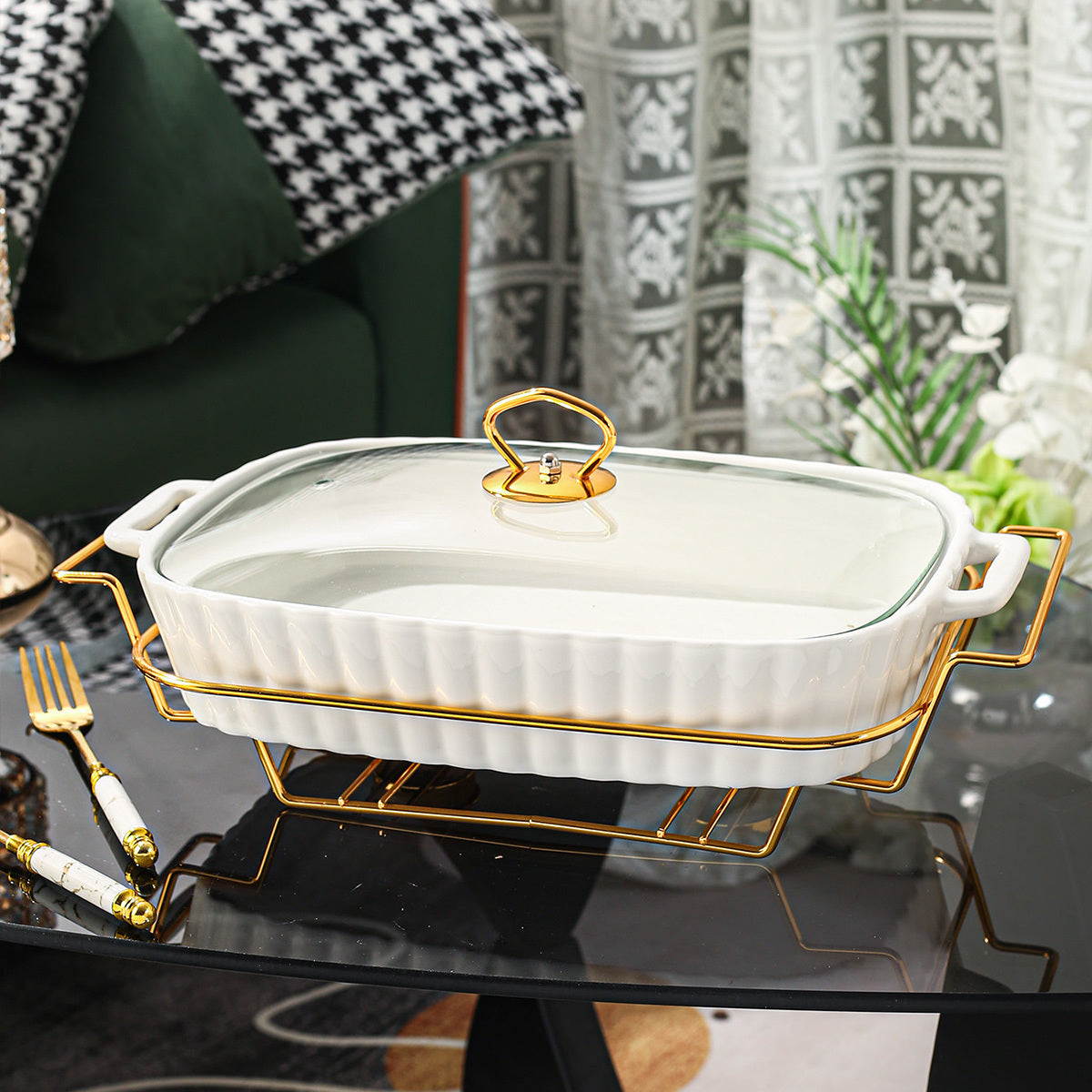 Ceramic Casserole Dish with Lid and Iron Rack for Baking and Serving