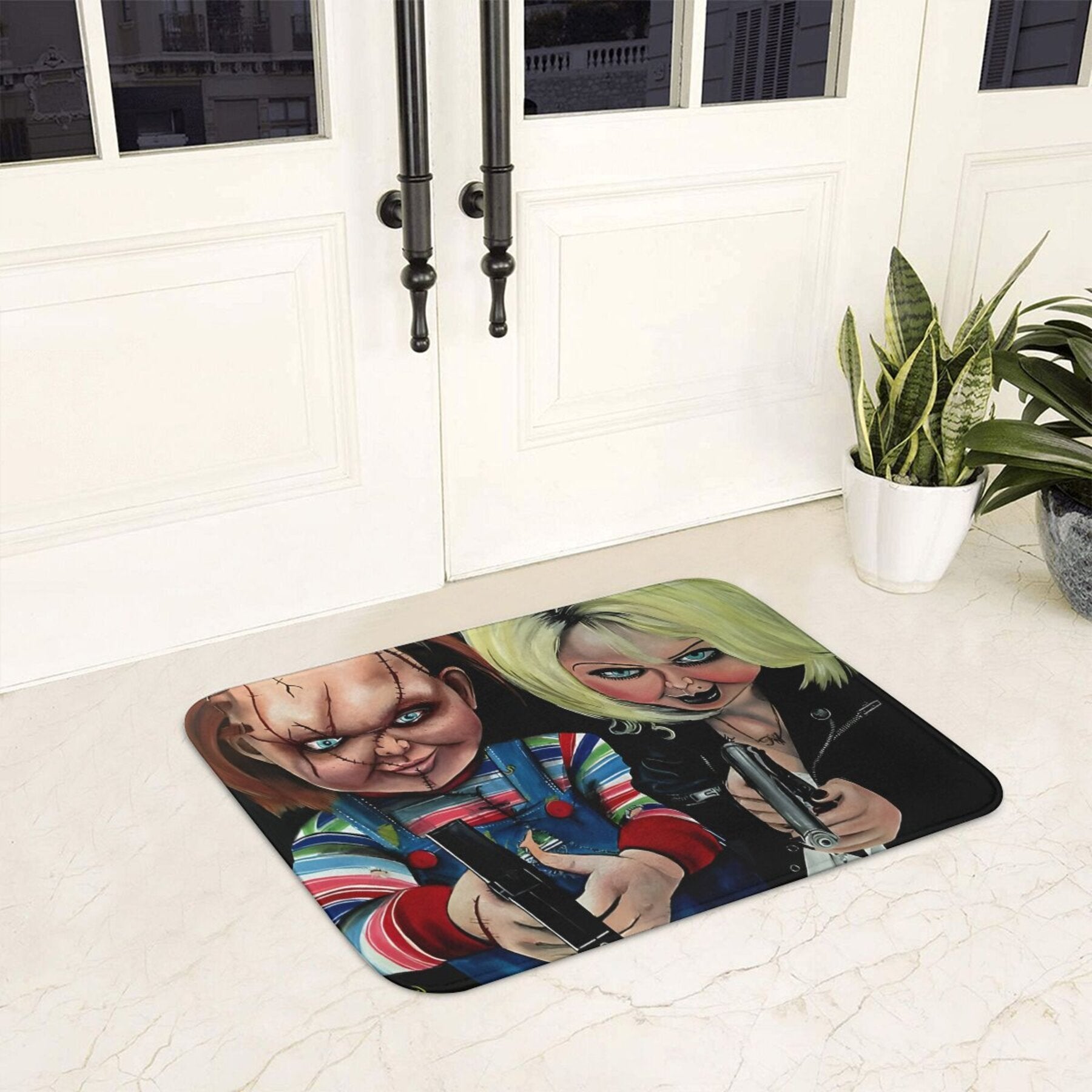 Chucky mavzusidagi polyester doormat, sirpanmaydigan ichki pol mato, 59.94x39.88cm