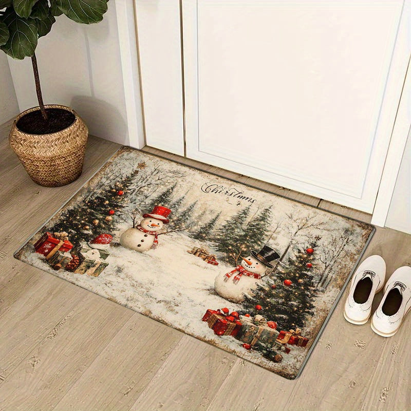 Felpudo de Navidad vintage con muñeco de nieve y árbol, antideslizante, absorbente, de poliéster