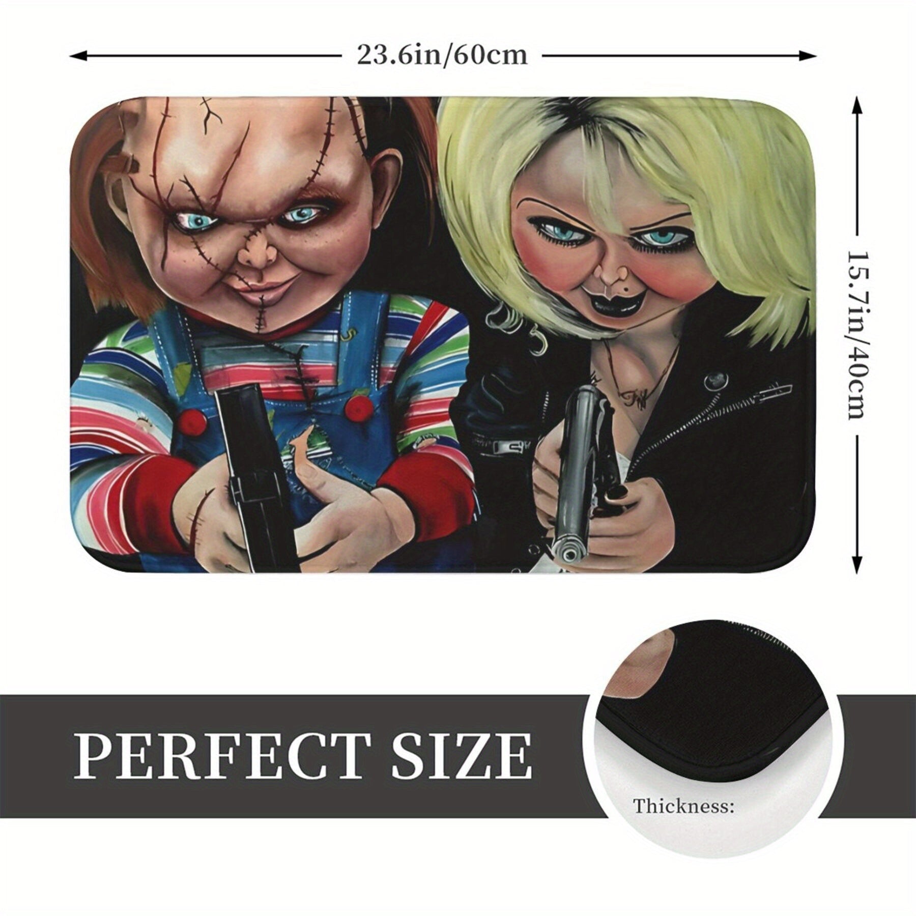 Chucky mavzusidagi polyester doormat, sirpanmaydigan ichki pol mato, 59.94x39.88cm