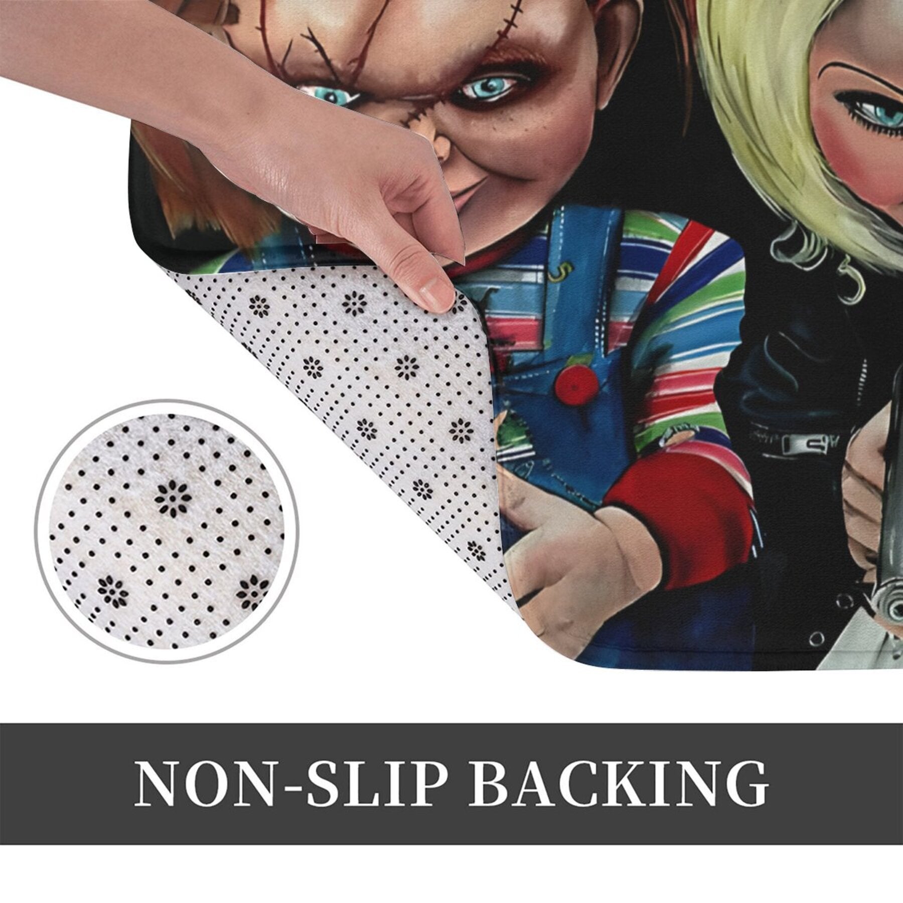 Chucky mavzusidagi polyester doormat, sirpanmaydigan ichki pol mato, 59.94x39.88cm