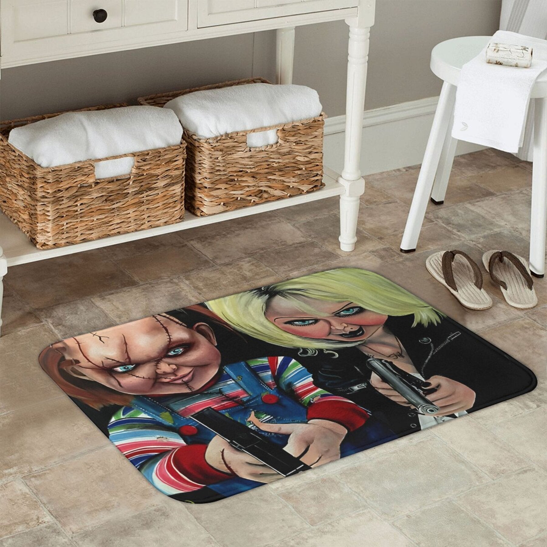 Chucky mavzusidagi polyester doormat, sirpanmaydigan ichki pol mato, 59.94x39.88cm