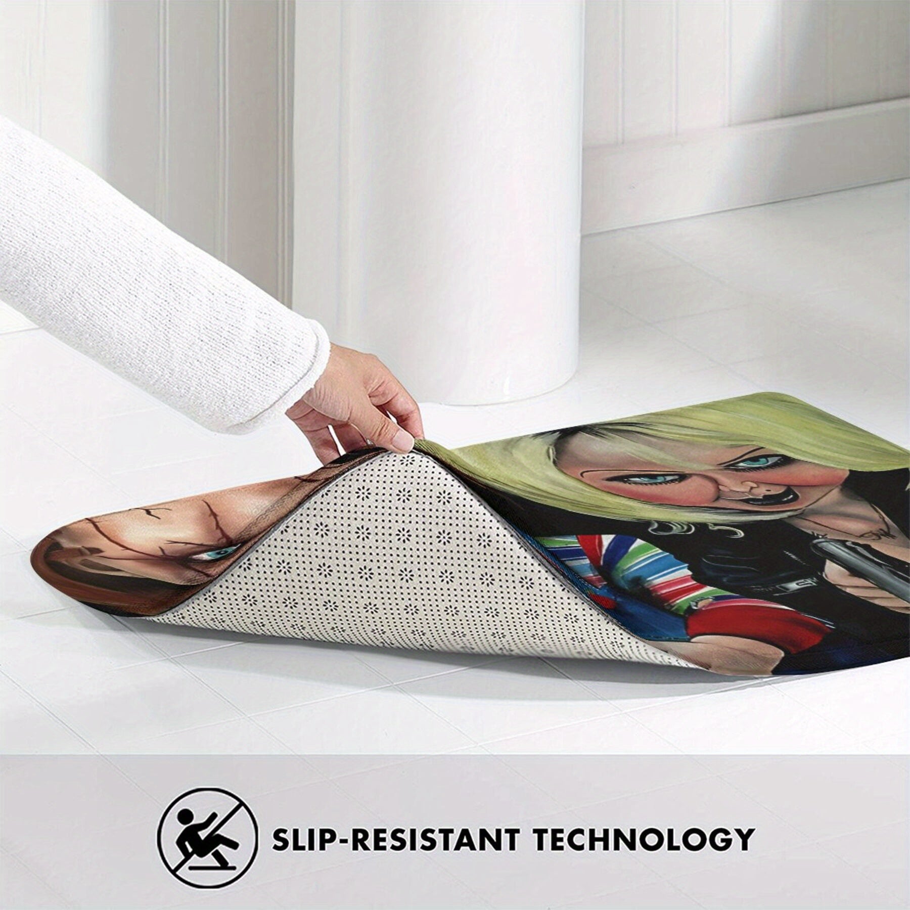 Chucky mavzusidagi polyester doormat, sirpanmaydigan ichki pol mato, 59.94x39.88cm