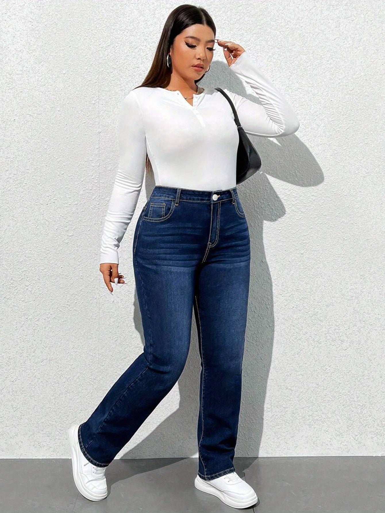 Women's High-Waisted Straight Leg Jeans Casual Denim Pants All-Season Solid Color