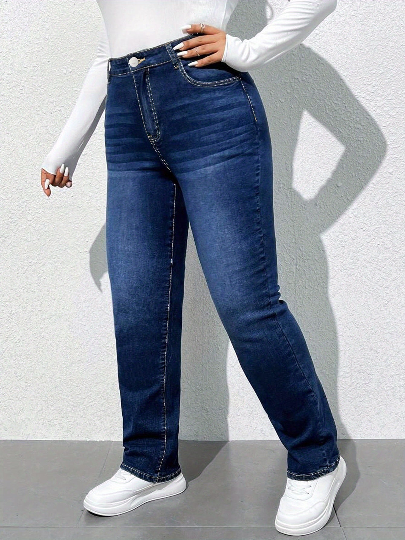 Women's High-Waisted Straight Leg Jeans Casual Denim Pants All-Season Solid Color