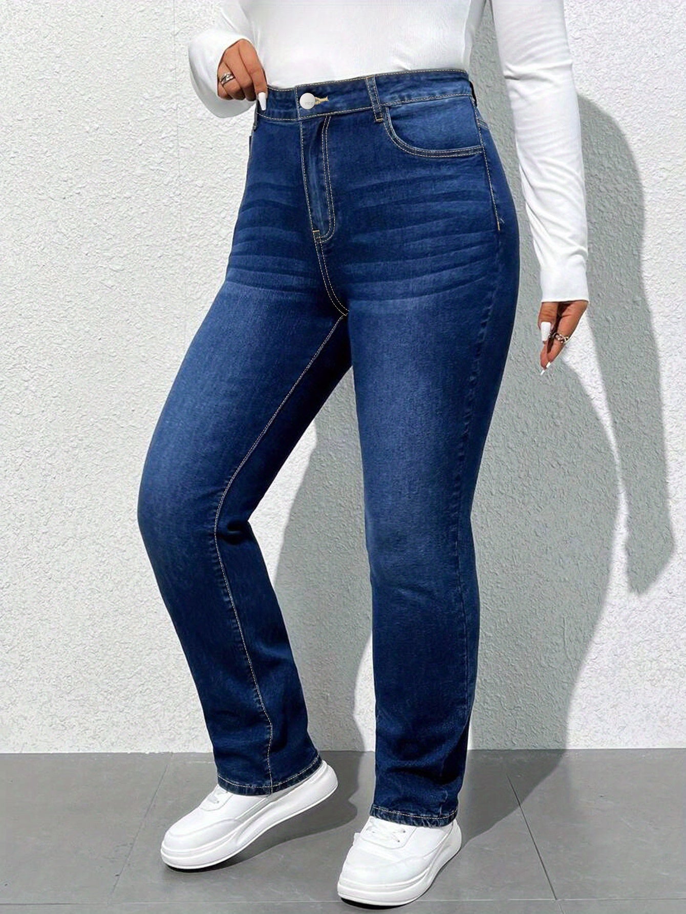 Women's High-Waisted Straight Leg Jeans Casual Denim Pants All-Season Solid Color