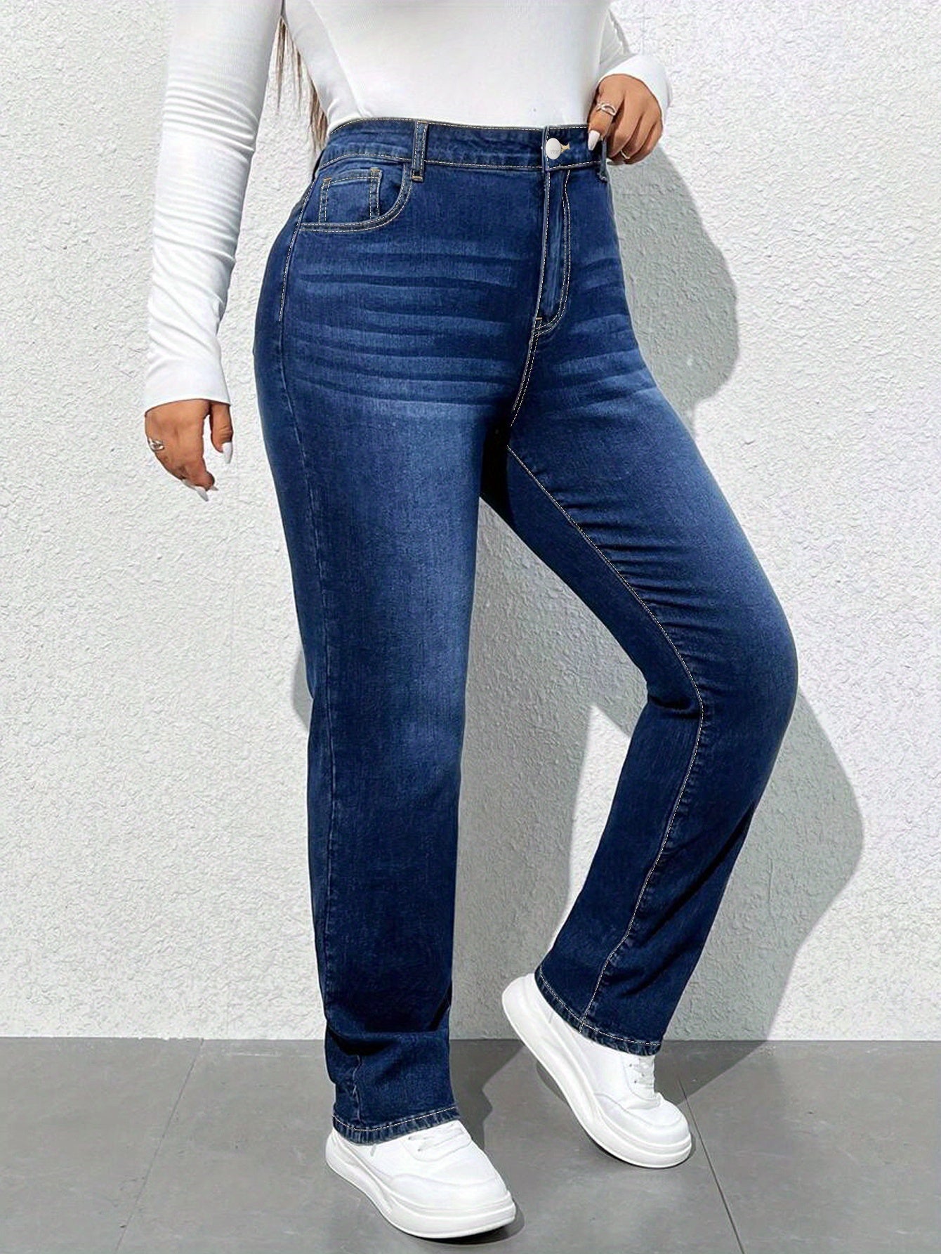 Women's High-Waisted Straight Leg Jeans Casual Denim Pants All-Season Solid Color