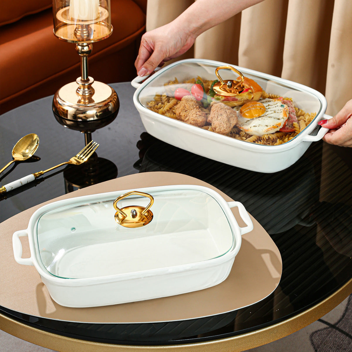 Bandeja de cerámica para servir con tapa para sopas, sándwiches y entretenimiento