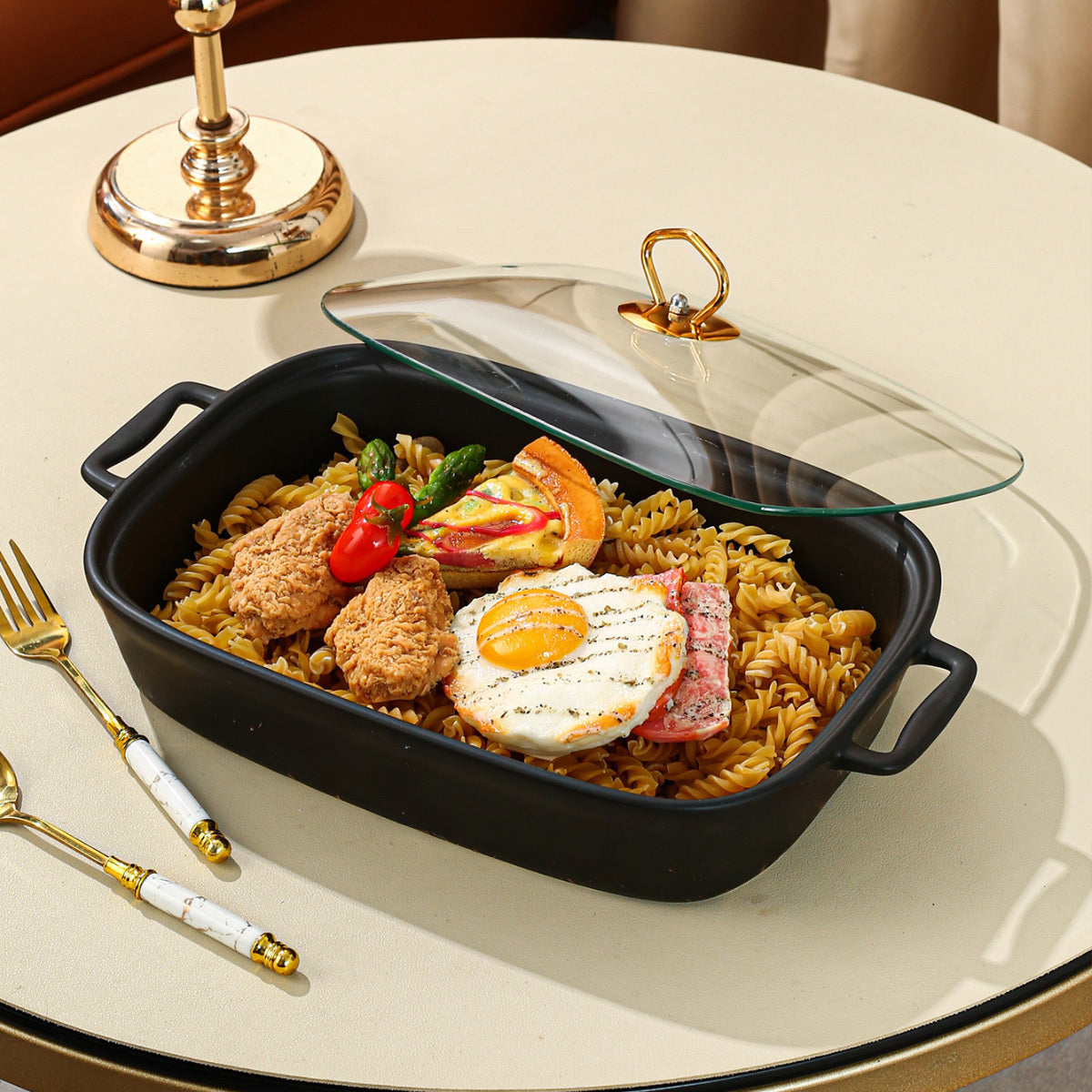 Bandeja de cerámica para servir con tapa para sopas, sándwiches y entretenimiento