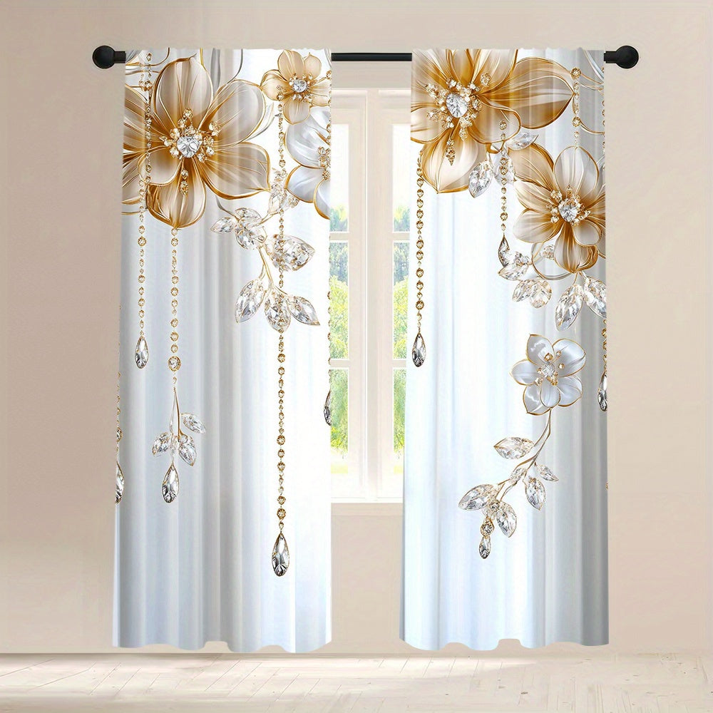 Set of 2 Floral-Print Polyester Drapes with Rod Pocket for Living Room Bedroom and Dining
