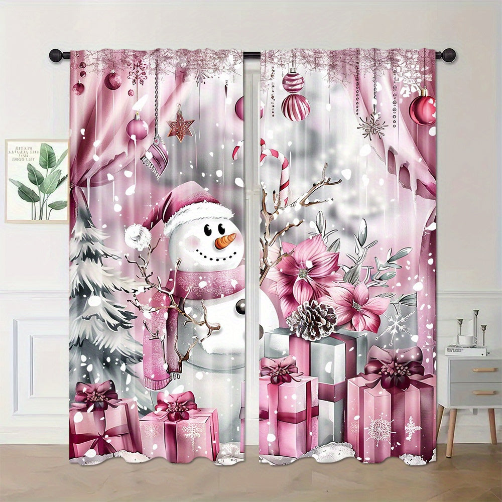 Red Christmas Themed Curtain Panels Set of Two Digital Print Polyester Window Drapes