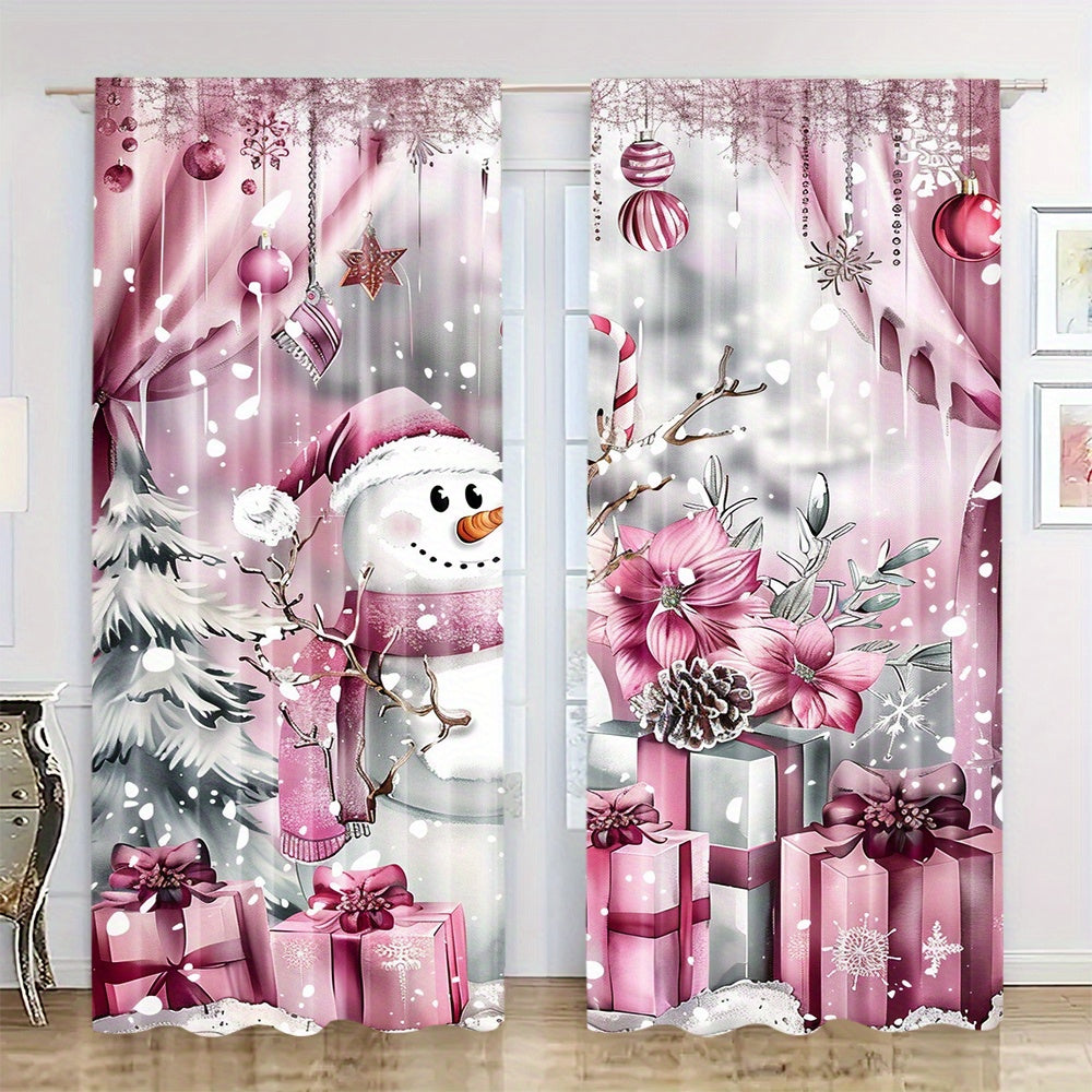 Red Christmas Themed Curtain Panels Set of Two Digital Print Polyester Window Drapes