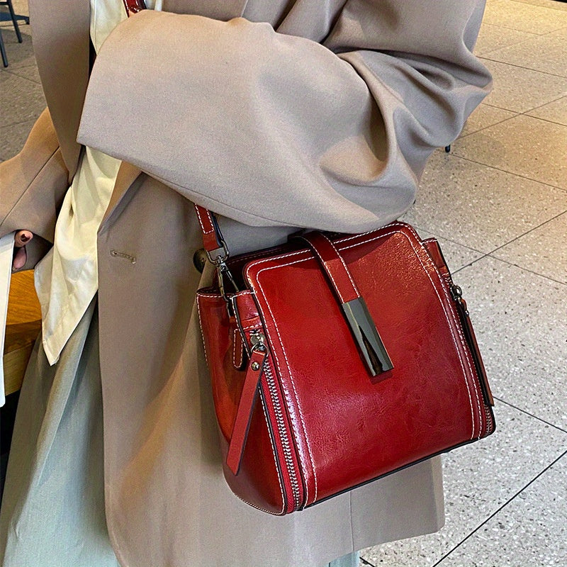 Women's Leather Shoulder Bag with Removable Strap Zipper Closure Edge Paint in Black Coffee Light Brown