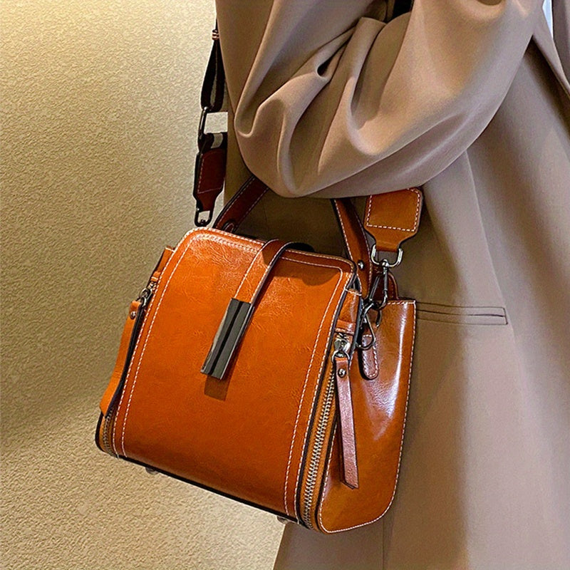 Women's Leather Shoulder Bag with Removable Strap Zipper Closure Edge Paint in Black Coffee Light Brown