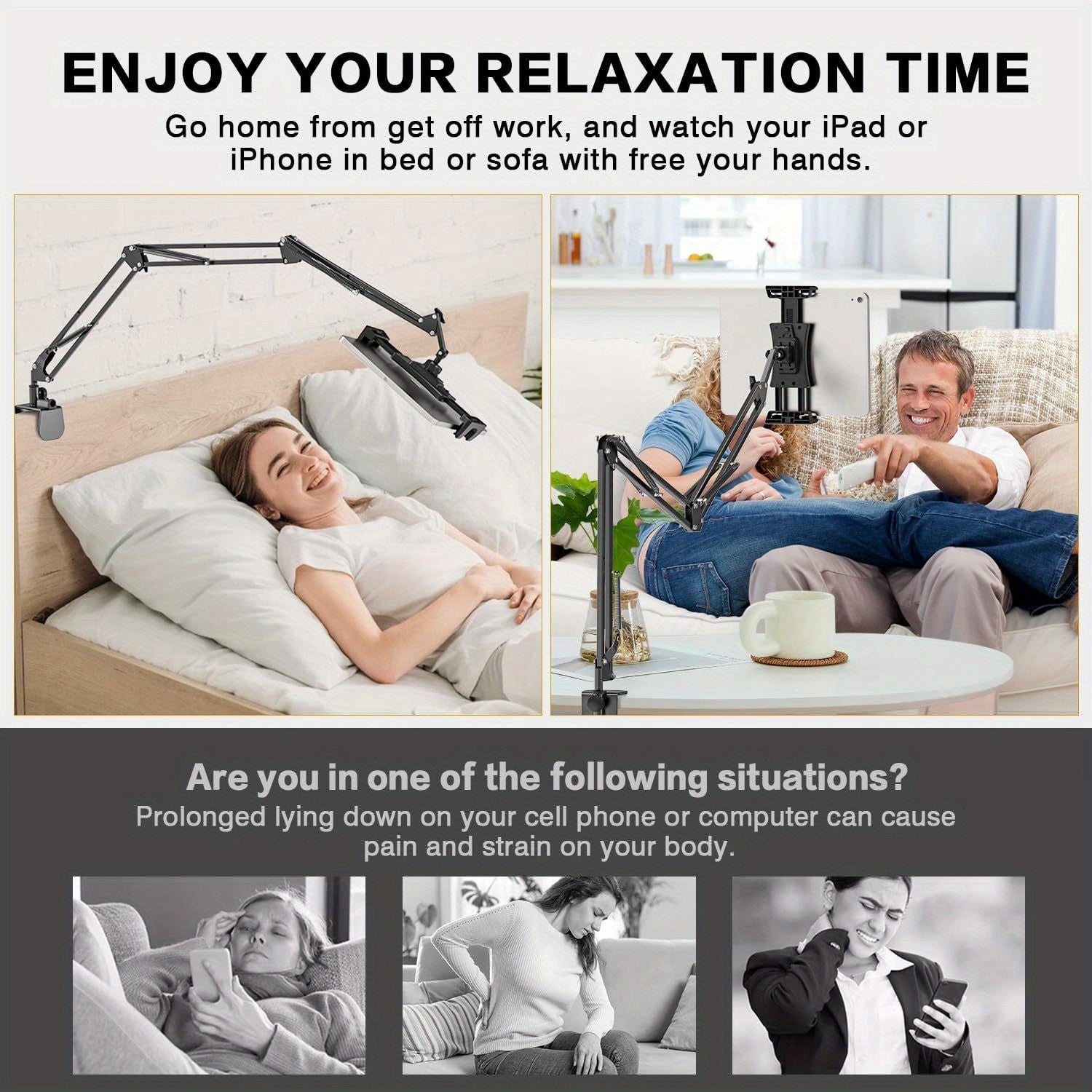 Регулируемый алюминиевый держатель для планшета на кровати с вращением на 360° для iPad, iPhone и устройств от 4,7 до 12,9 дюймов