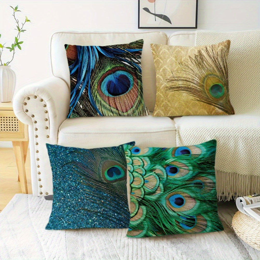 Set of Four Bohemian Peacock Feather Cushion Covers 45.72 cm Polyester Decorative Pillow Cases