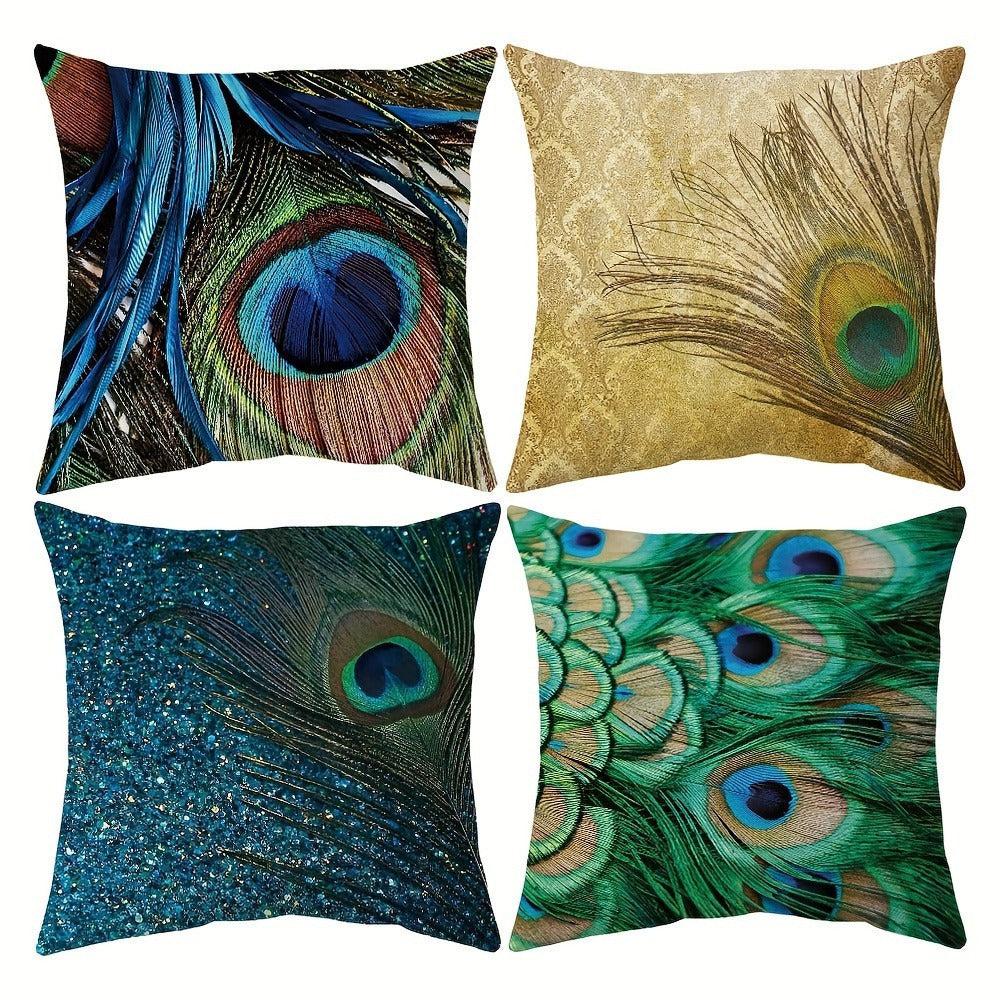 Set of Four Bohemian Peacock Feather Cushion Covers 45.72 cm Polyester Decorative Pillow Cases