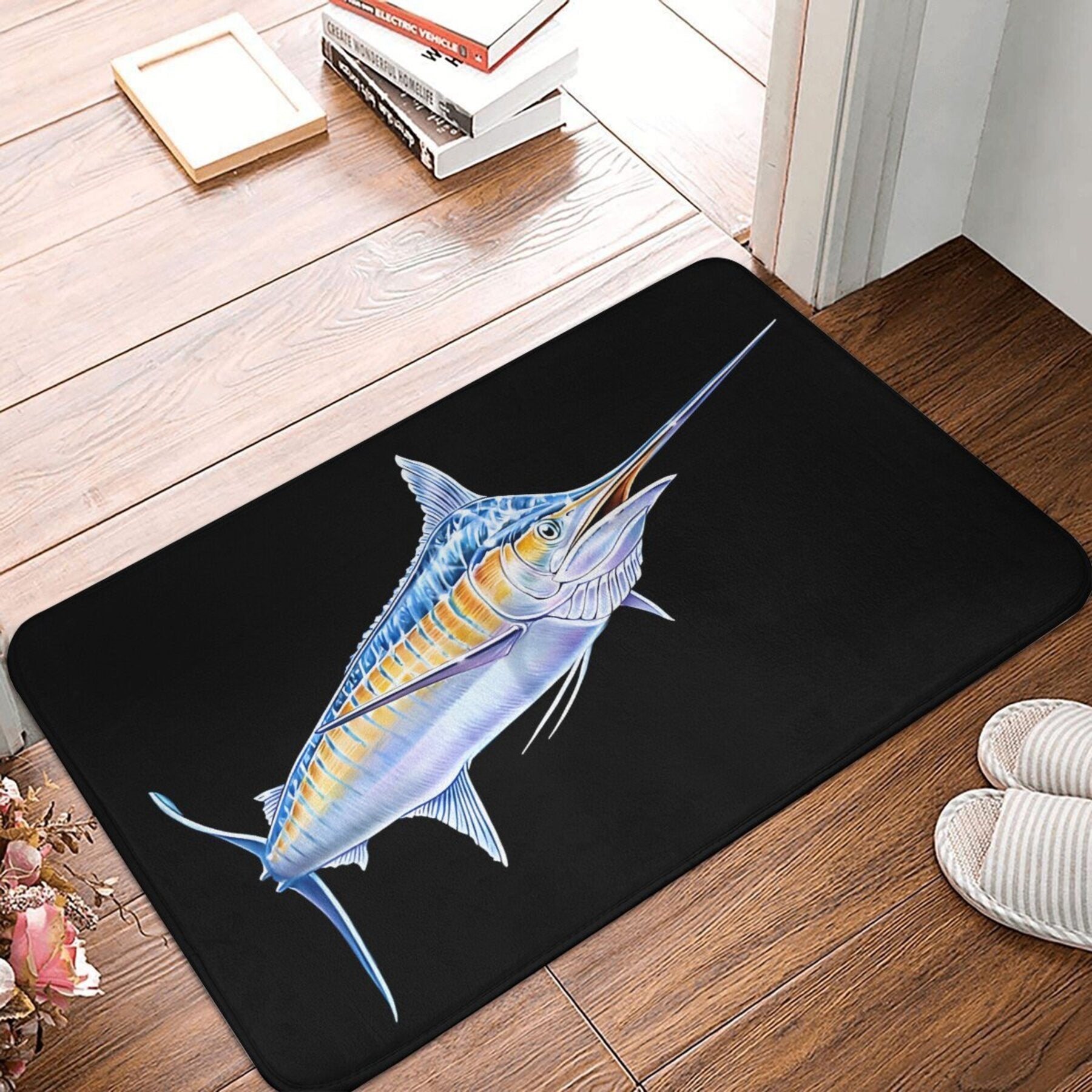 Machine Washable Polyester Doormat with Non-Slip Backing Blue Marlin Design Rectangular Floor Rug for Kitchen or Bedroom