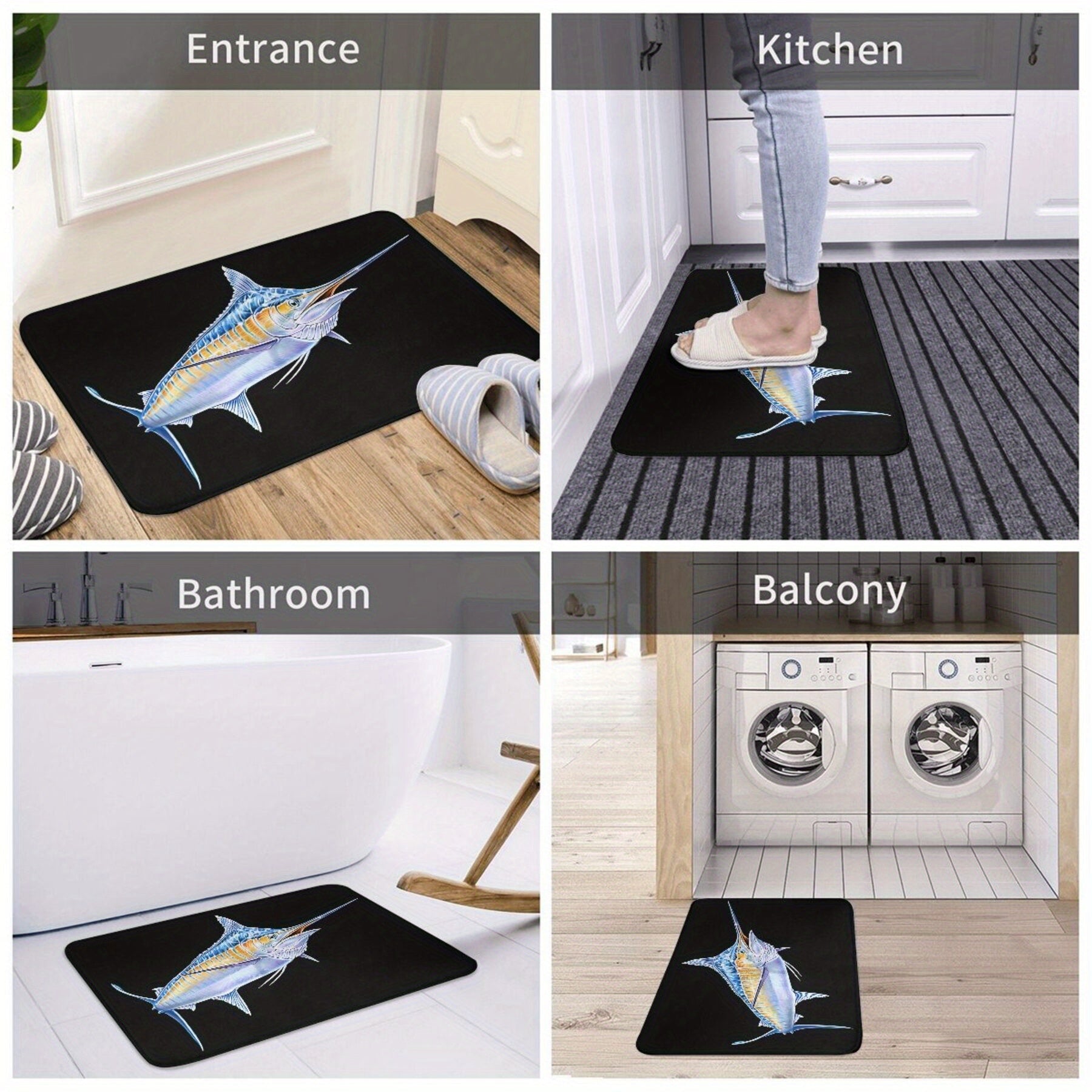 Machine Washable Polyester Doormat with Non-Slip Backing Blue Marlin Design Rectangular Floor Rug for Kitchen or Bedroom