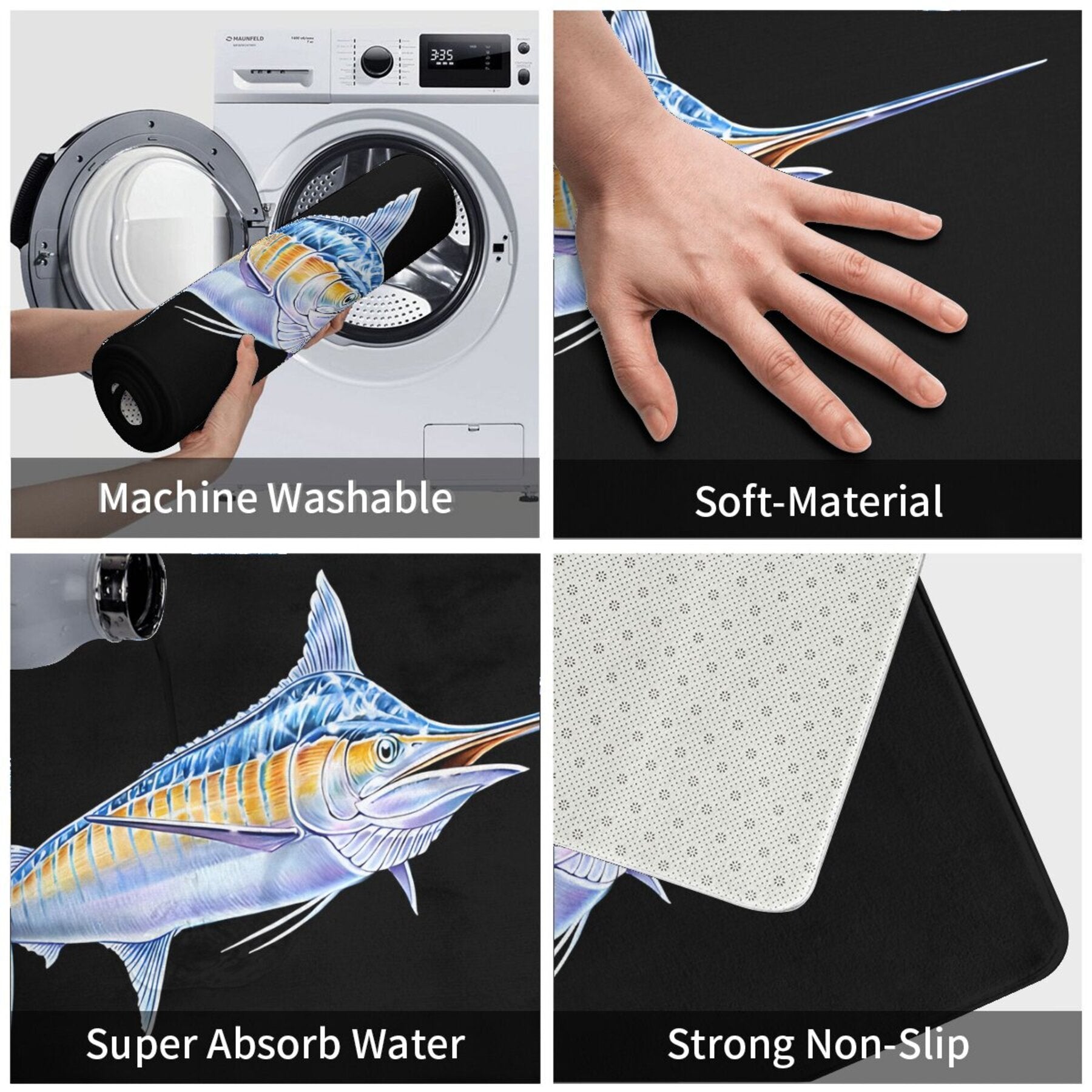Machine Washable Polyester Doormat with Non-Slip Backing Blue Marlin Design Rectangular Floor Rug for Kitchen or Bedroom