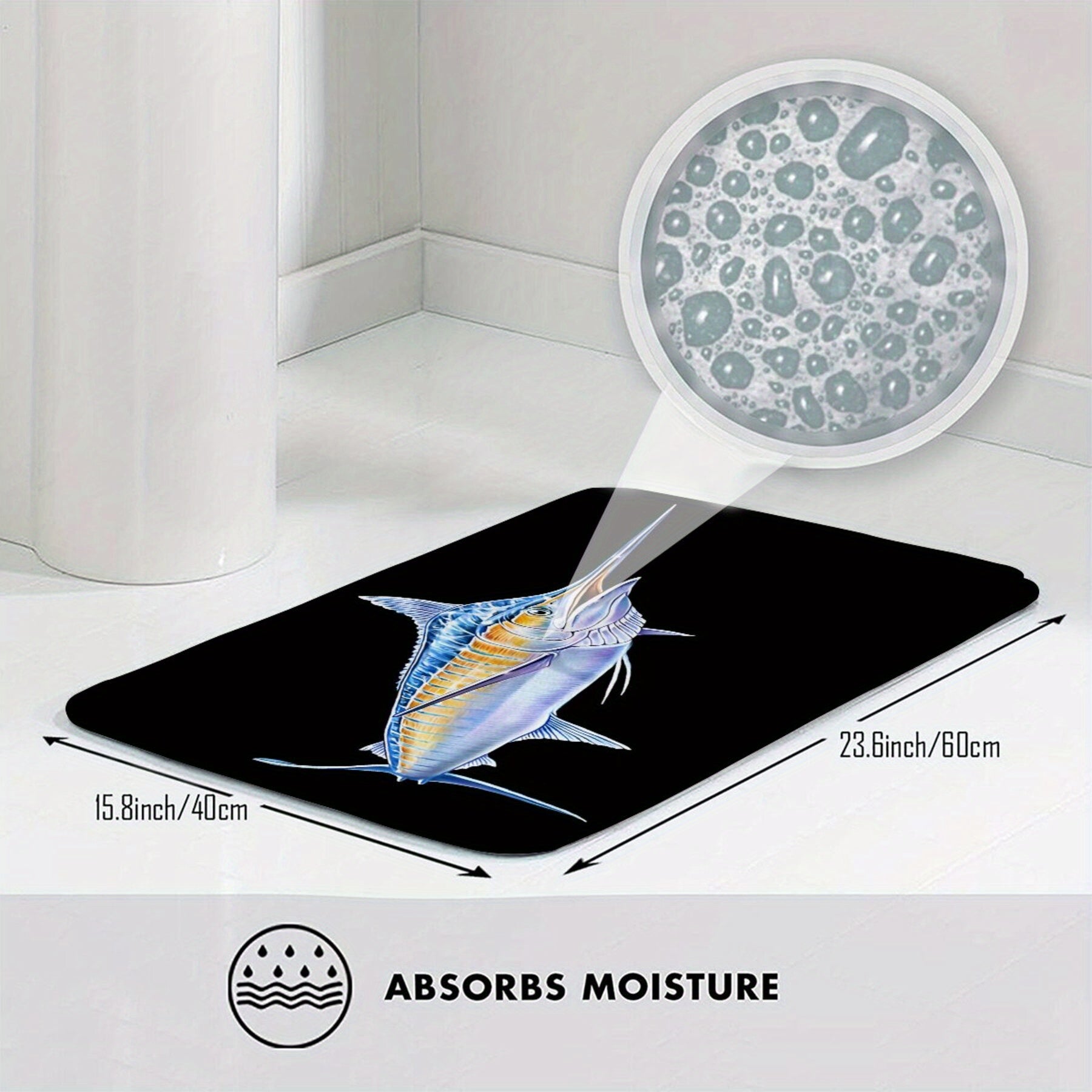 Mashina yuviladigan polyesterdan tayyorlangan, sirpanmaydigan orqa qismi bilan, ko'k marlin dizayni bilan bezatilgan. Yengil va to'rtburchak shaklida, bu pol gilami oshxona yoki yotoqxona dekoratsiyasi uchun xush kelibsiz gilam sifatida mukammaldir.