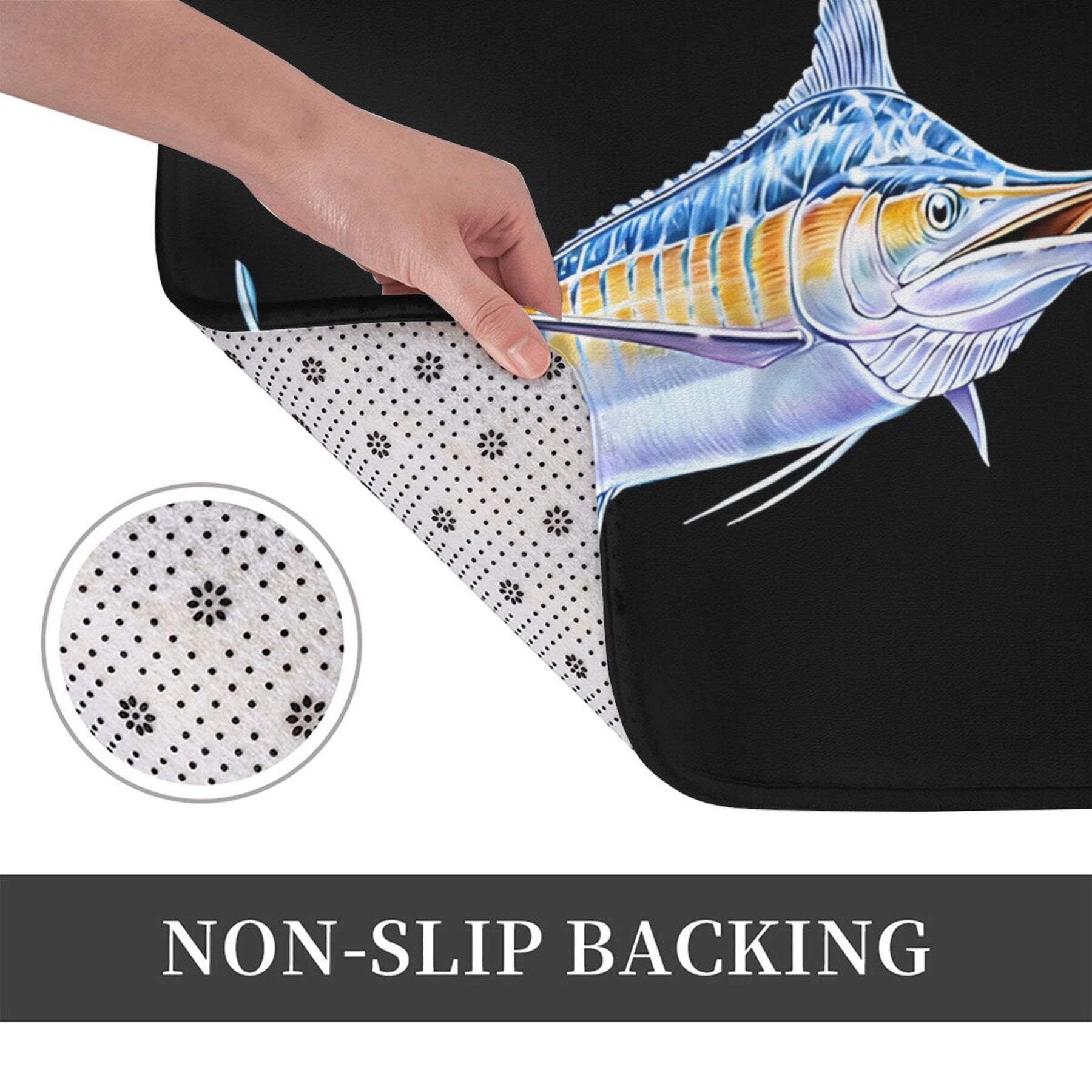 Machine Washable Polyester Doormat with Non-Slip Backing Blue Marlin Design Rectangular Floor Rug for Kitchen or Bedroom