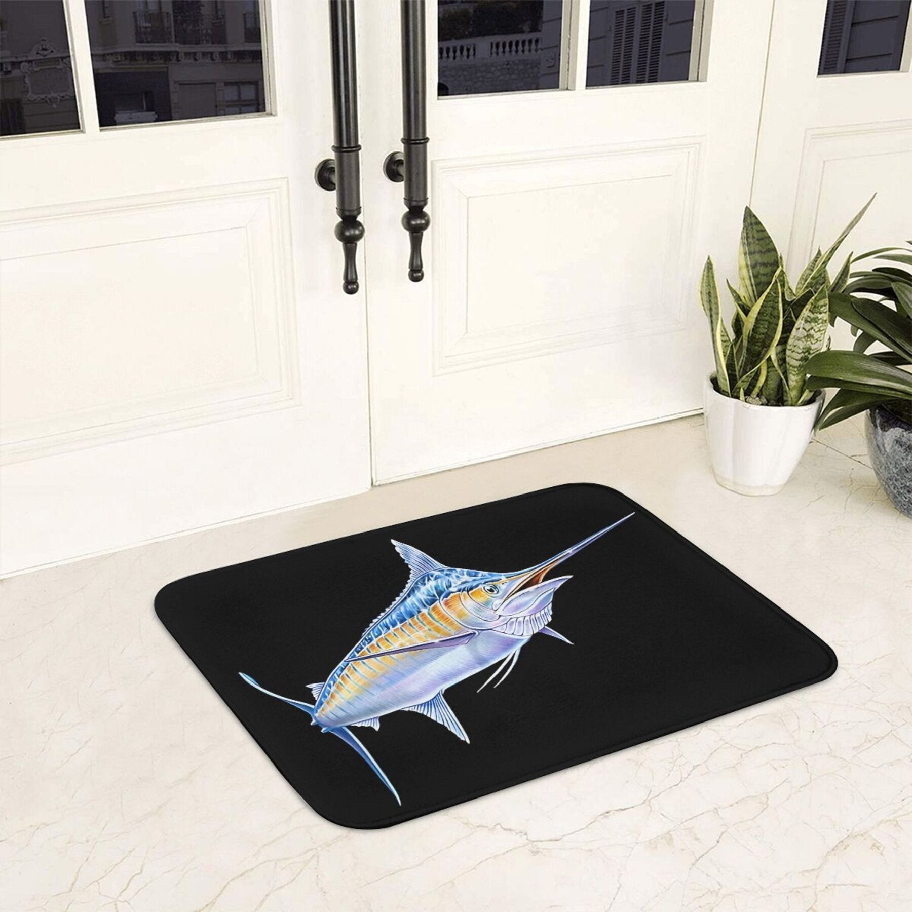 Machine Washable Polyester Doormat with Non-Slip Backing Blue Marlin Design Rectangular Floor Rug for Kitchen or Bedroom