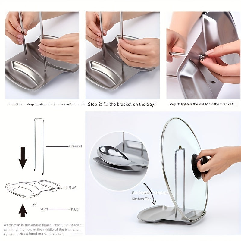 Soporte para tapas de olla de acero inoxidable, organizador compacto para encimera de cocina, bandeja de drenaje