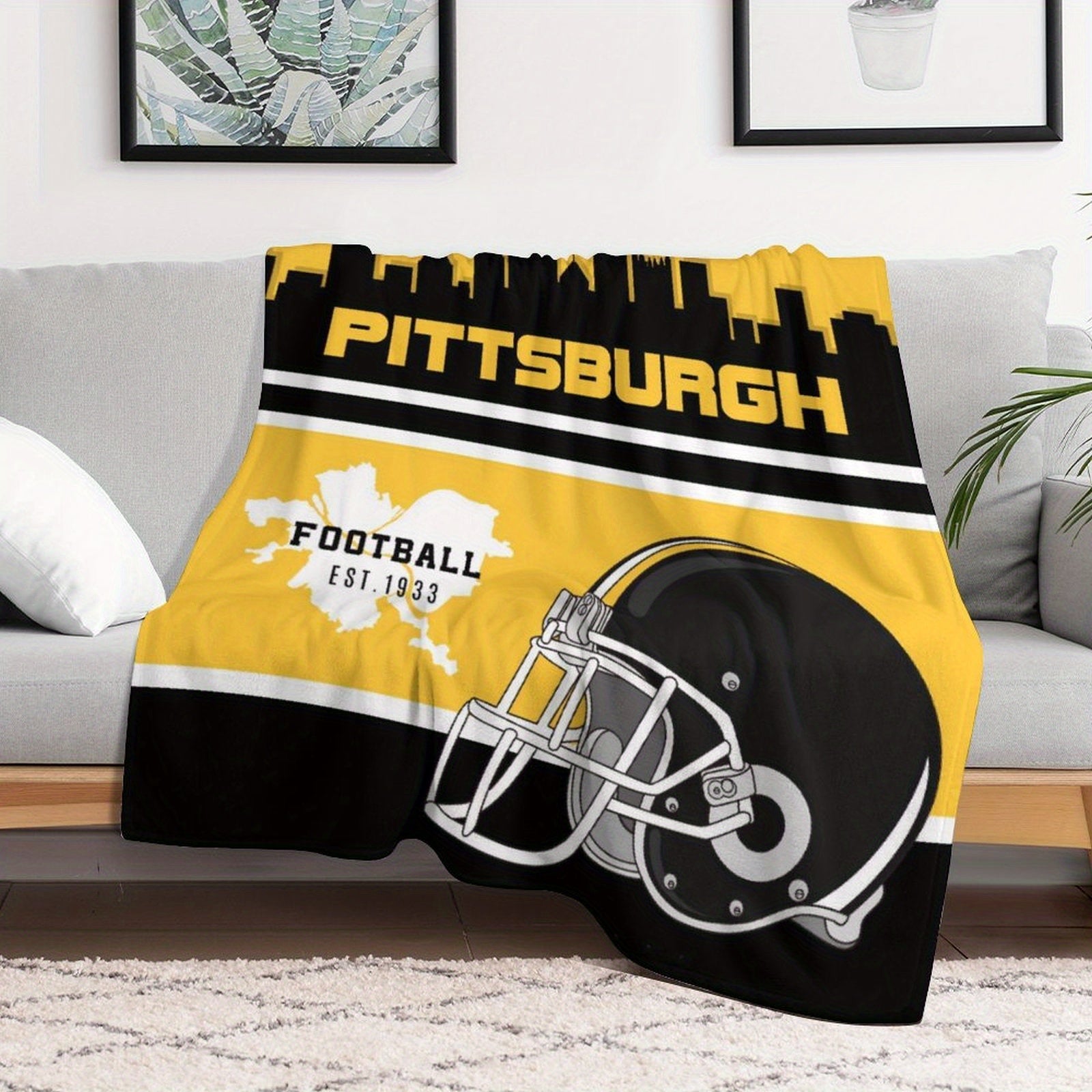 Personalized Pittsburgh Football Plush Fleece Blanket Customizable Lightweight Throw for Couch Bed Travel