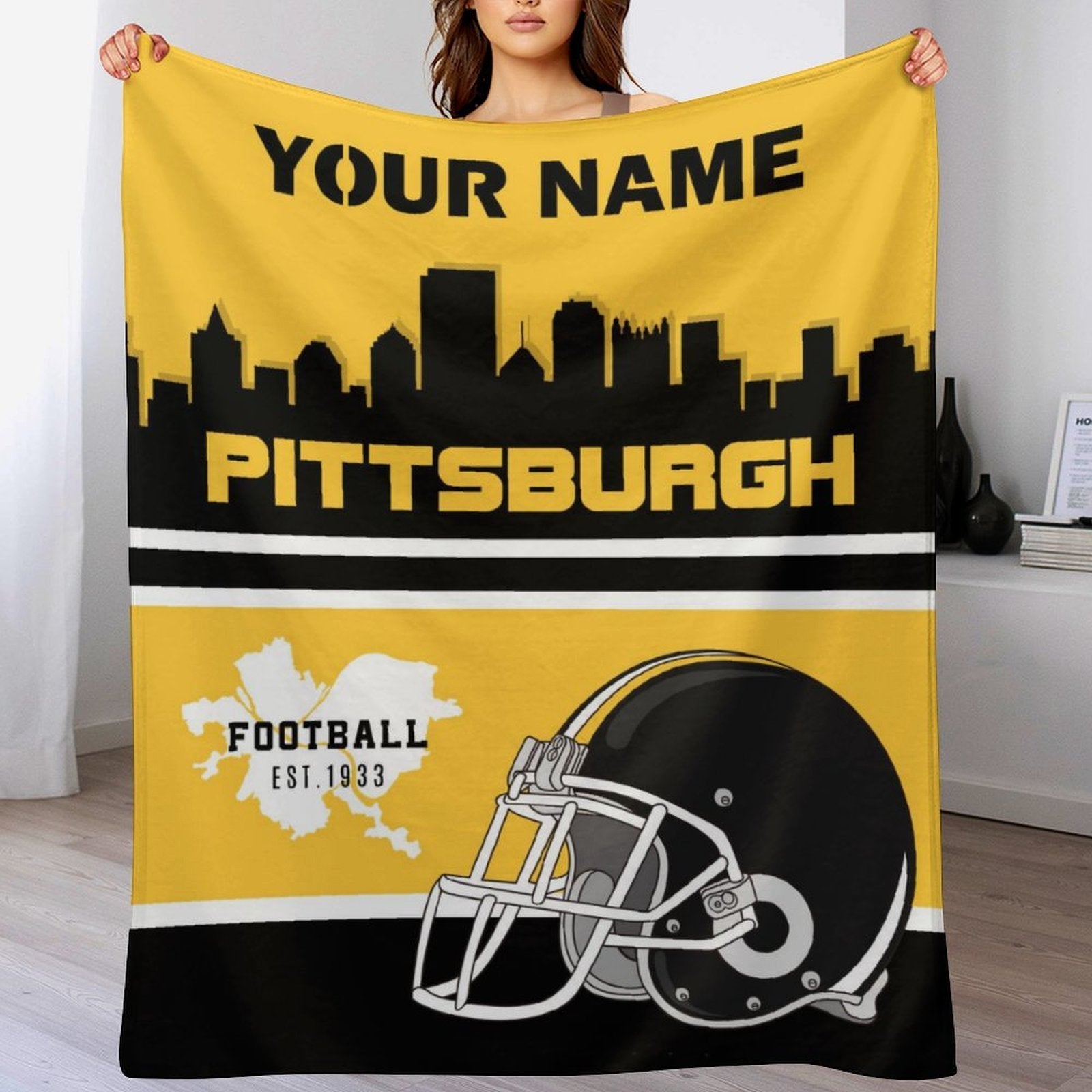 Personalized Pittsburgh Football Plush Fleece Blanket Customizable Lightweight Throw for Couch Bed Travel
