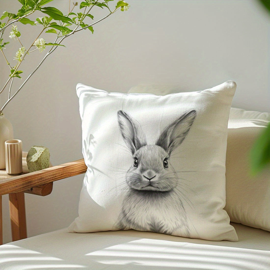 Black and White Bunny Sketch Pillow Cover Made of Peach Skin Velvet Zipper Closure for Home Decor Sofa Bedroom