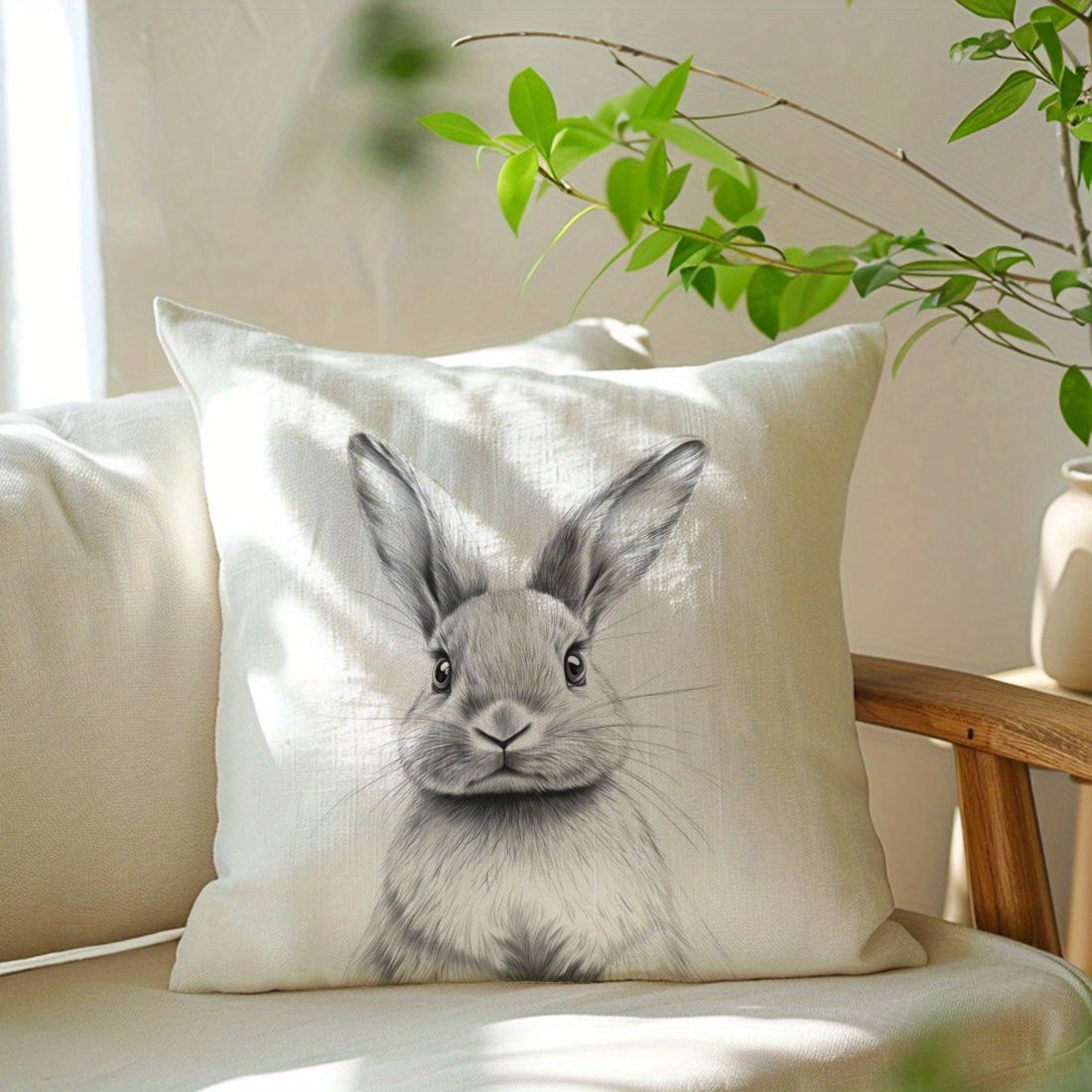 Black and White Bunny Sketch Pillow Cover Made of Peach Skin Velvet Zipper Closure for Home Decor Sofa Bedroom