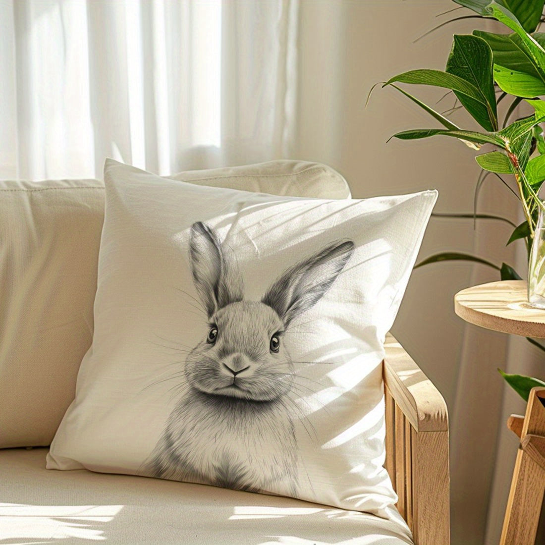 Black and White Bunny Sketch Pillow Cover Made of Peach Skin Velvet Zipper Closure for Home Decor Sofa Bedroom