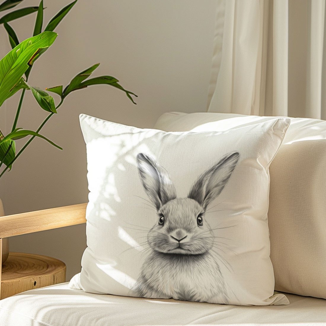 Black and White Bunny Sketch Pillow Cover Made of Peach Skin Velvet Zipper Closure for Home Decor Sofa Bedroom