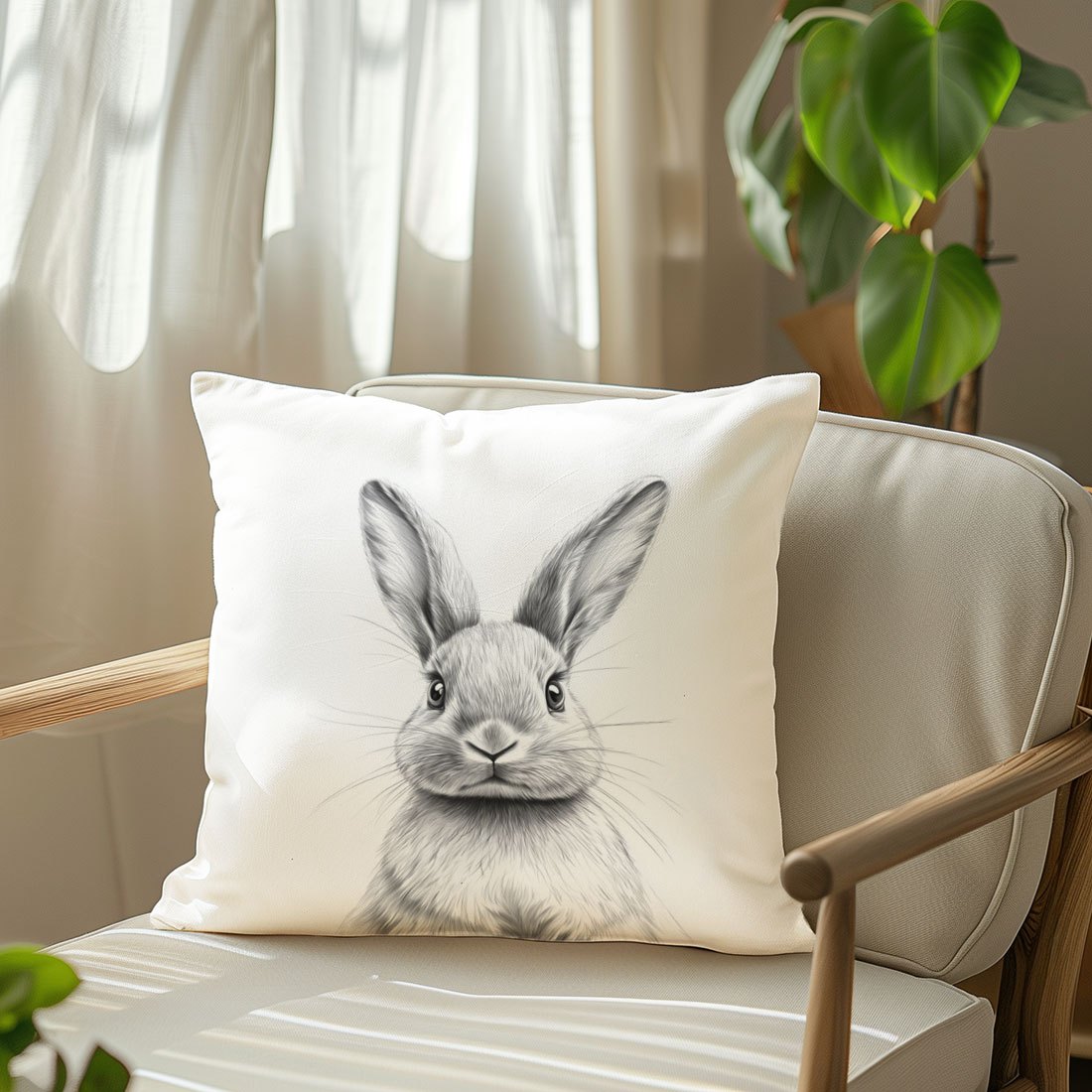 Black and White Bunny Sketch Pillow Cover Made of Peach Skin Velvet Zipper Closure for Home Decor Sofa Bedroom