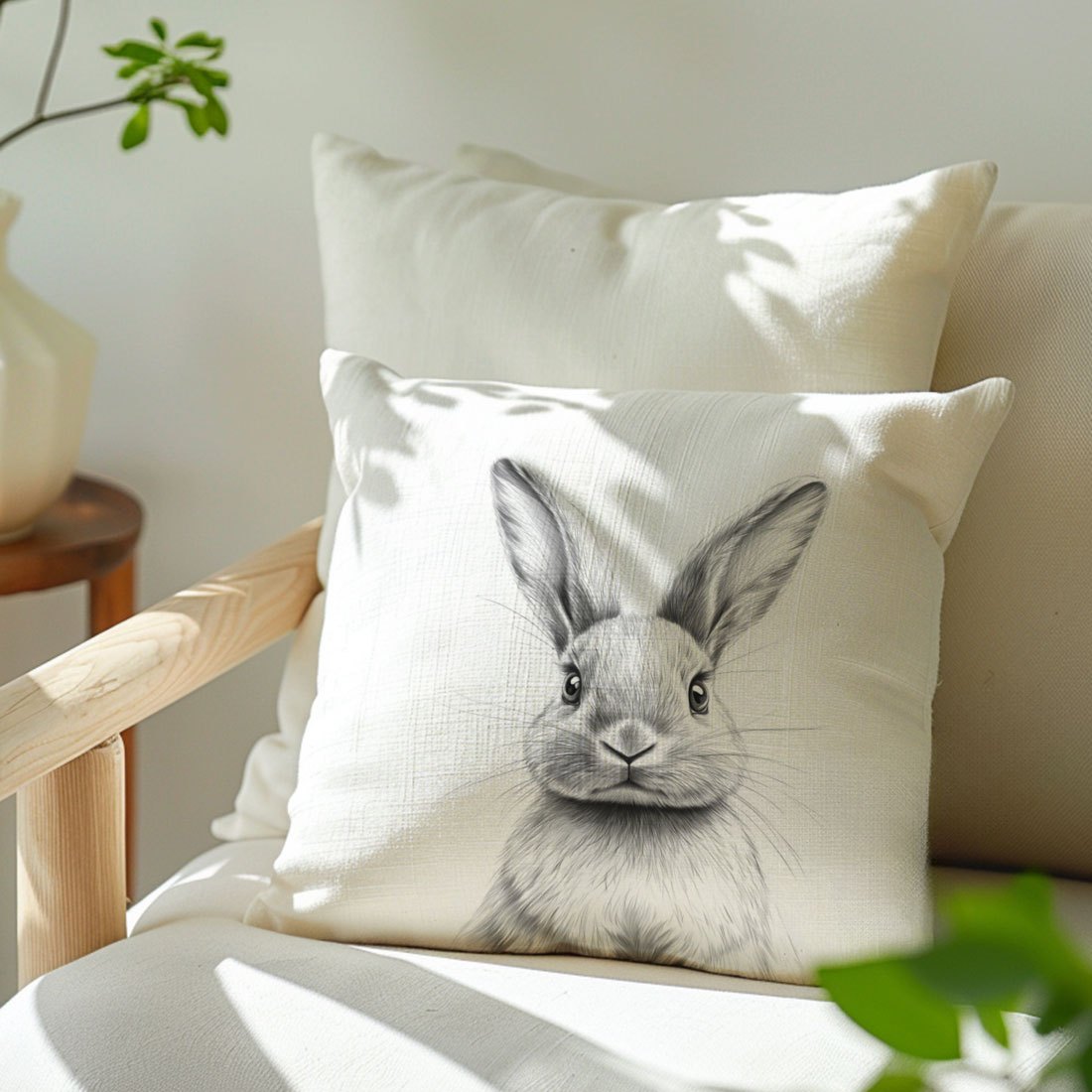 Black and White Bunny Sketch Pillow Cover Made of Peach Skin Velvet Zipper Closure for Home Decor Sofa Bedroom